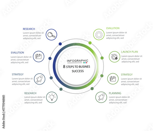 Business infographic template design. 8 options or steps timeline infographic design. Can be used for process diagram,	