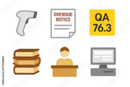 Library Systems Icons. Linear minimalistic library systems icon: barcode scanner, overdue notice, shelving code, book stack,