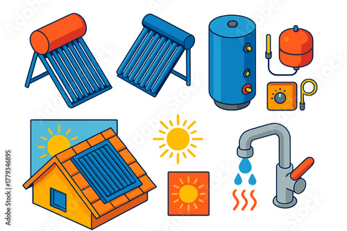 Eco Construction Icons. Isometric vector illustration set Eco construction – solar water heater, evacuated tube collector, storage