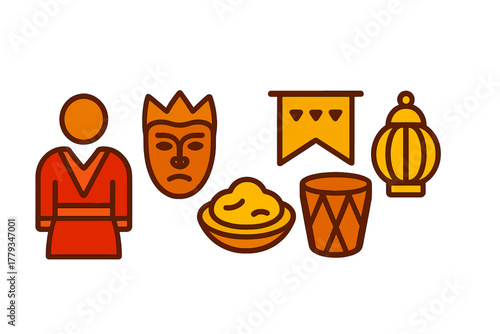 Cultural Celebrations Icons. Linear minimalistic cultural celebrations icon: traditional costume, ritual mask, local dish plate,