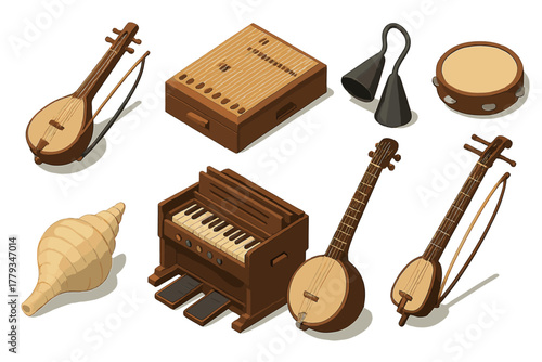 Rare Musical Instruments. Isometric vector illustration set of Rare musical instruments: kingri, tremoloa, tamborim. Agogô bells,