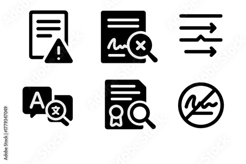 Forensic Linguistics Icons. Line style icons of Forensic Linguistics: fake document alert, altered signature icon, wording