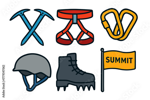 Alpine Gear Icons. Linear minimalistic technical alpine icon: ice axes, rope harness, carabiners, crampon boots, helmet, summit