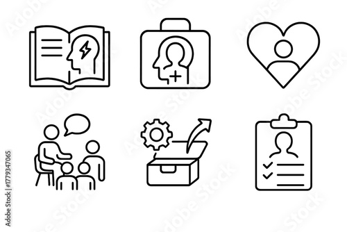 Disaster Trauma Icons. Line style icons of disaster psychology and trauma support: stress management guide, psychological first