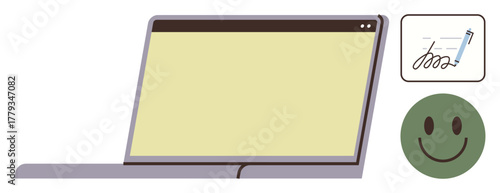 Laptop with blank screen, digital signature icon, and happy face. Ideal for productivity, technology, e-signatures, satisfaction, digital transactions feedback remote work. Simple flat metaphor