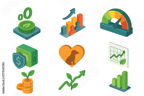 Ethical Investment Icons. Isometric vector illustration set of Ethical investing: zero-emission asset, social equity chart,