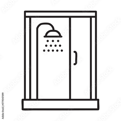 Simple line drawing of a shower stall with a showerhead and door