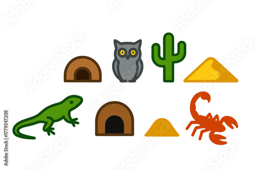 Desert Wildlife Icons. Linear minimalistic desert wildlife icon: lizard, burrow entrance, nocturnal owl, cactus, sand dune,