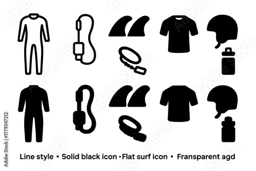 Minimal Surf Gear Icons. Linear minimalistic surf gear icon: wetsuit, leash, fins, rash guard, helmet, water bottle with smooth