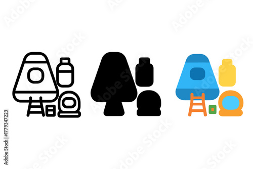 Astronautic Icons Collection. Linear minimalistic astronautics icon: capsule, thruster nozzle, life support tank, control panel,