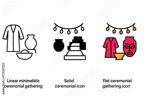 Ceremonial Gathering Icons. Linear minimalistic ceremonial gathering icon: traditional robe, ritual pot, food bowl, dance stage,