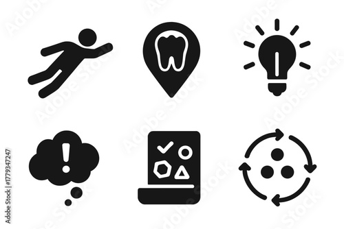 Dream Sign Symbols. Solid style icons of dream signs and triggers: flying figure icon, lost teeth glyph, repeating place badge.