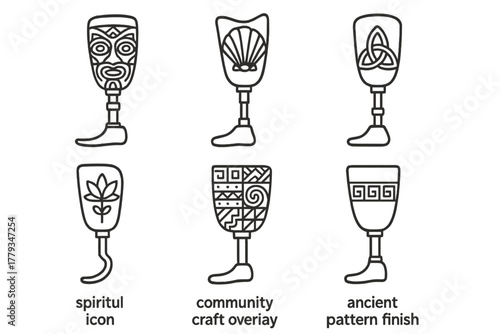 Cultural Prosthetic Designs. Line style icons of prosthetics and cultural expression: tribal art leg panel, historical motif shell