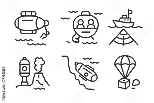 Ocean Exploration Icons. Line style icons of ocean exploration missions: unmanned submersible mission, crewed deep dive, seabed