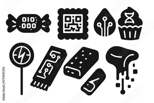 Edible Tech Icons. Solid style icons of edible tech: data-infused candy, QR snack code, flavor sensor chip. DNA dessert pattern,