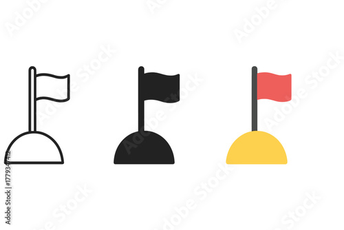 Lunar Flag Icons. Minimalist flag planting icon: three identical lunar flag setups in a row, first in line style with thin outline