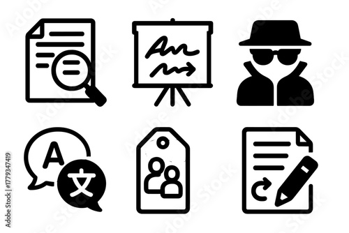 Forensic Linguistics Icons. Line style icons of Forensic Linguistics: document linguistics icon, writing comparison board,