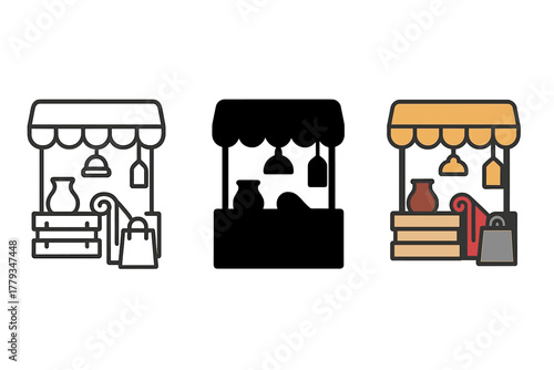 Market Stall Icons. Linear minimalistic market stall icon: retro lamp, ceramic vase, wooden crate, fabric roll, hanging price