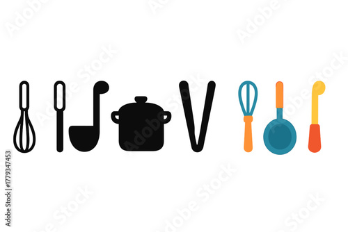 Minimalist Cooking Tools Icons. Linear minimalistic cooking tools icon: whisk, ladle, frying pan, pot, tongs, rolling pin with
