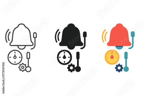Alarm System Icons. Linear minimalistic alarm system icon: ringing bell, timer dial, switch lever, vibrating alarm, small gear,