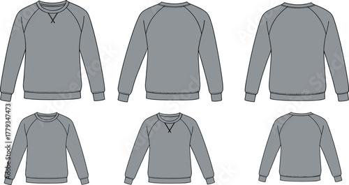 Gray sweatshirt technical sketch, front back side view, crew neck, raglan sleeve, fashion flat, garment design, apparel template, illustration