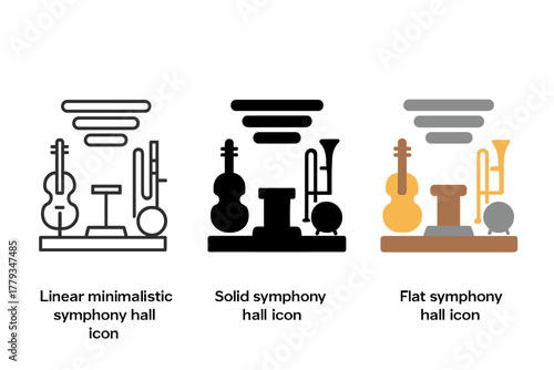 Minimalistic Symphony Icons. Linear minimalistic symphony hall icon: strings, woodwinds, brass, percussion, conductor podium,