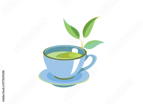 Elegant Hot Tea Cup with Green Leaves Vector Illustration