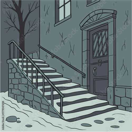 Stone Steps of an Old House in Winter