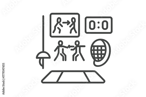 Fencing Class Icons. Linear minimalistic fencing class icon: epee, footwork chart, stance diagram, scoring monitor, mask, training