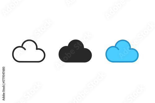 Cloud Icon Styles. Minimalist cloud classification icon: three identical cloud type diagrams in a row, first in line style with
