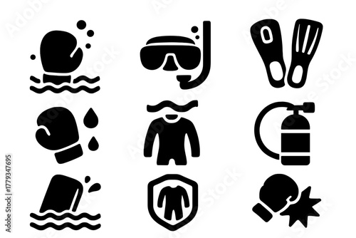 Underwater Boxing Gear Icons. Solid style icons of underwater boxing equipment: gloves in water icon, scuba mask with guard,