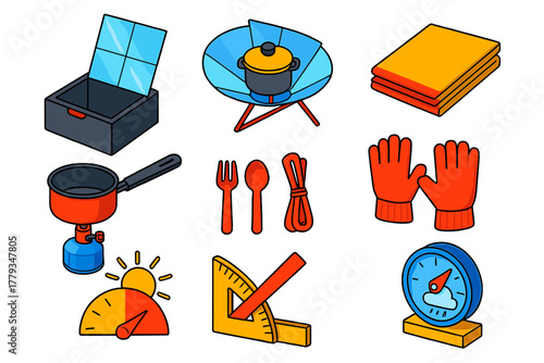 Disaster Preparedness Icons. Isometric vector illustration set Disaster preparedness – solar oven, cooking reflector, thermal