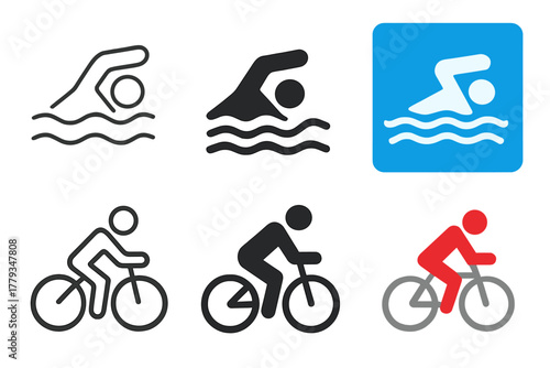 Minimalist Sports Icons. Linear minimalistic swimming icon: swimmer outline with waves, uniform line thickness, no fill, Solid