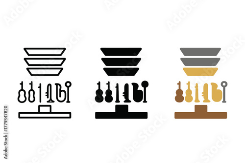 Minimalistic Symphony Icons. Linear minimalistic symphony hall icon: strings, woodwinds, brass, percussion, conductor podium,