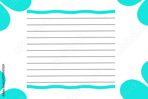 decorative lined paper with turquoise border and abstract corners – journaling template, note sheet, printable stationery