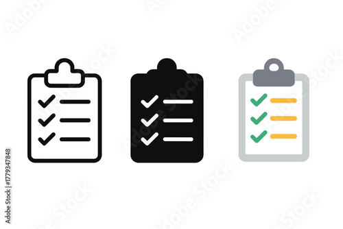 Safety Checklist Icons. Minimalist safety check icon: three identical safety checklists in a row, first in line style with thin