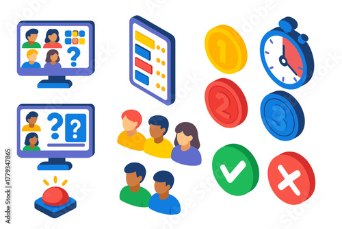 Virtual Team Game Icons. Isometric vector illustration set Virtual meetings – virtual team-building game, quiz icon, leaderboard