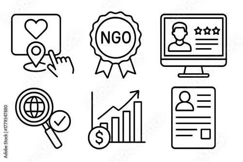 Voluntourism Planning Icons. Line style icons of voluntourism planning and research: choosing program icon, NGO partner badge,