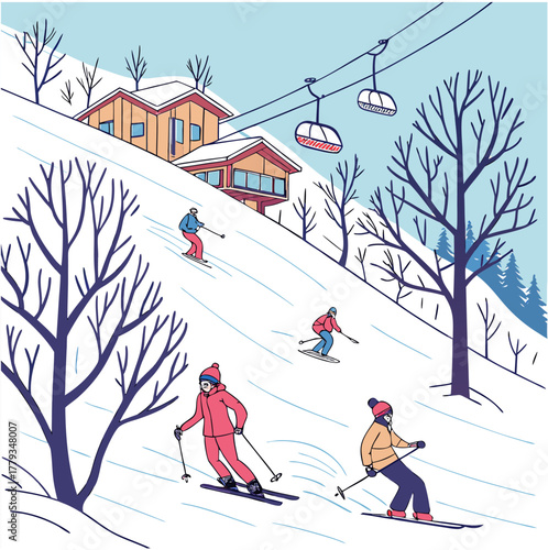 Skiers on a Slopeside Ski Resort