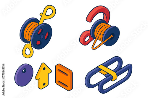 Underwater Dive Gear Icons. Isometric vector illustration set Underwater diving gear – dive reel container, safety line, clip;