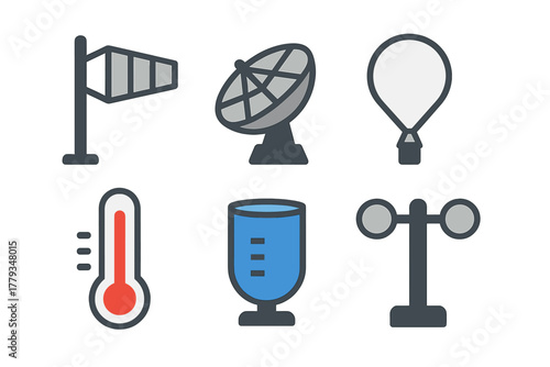 Climate Observation Icons. Linear minimalistic climate observation icon: wind vane, radar array, weather balloon, thermometer,