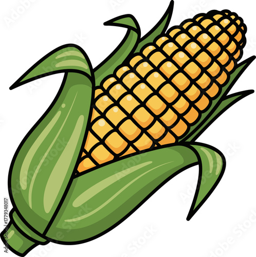 Whole ear of corn (corn on the cob) with husk, flat vector illustration.