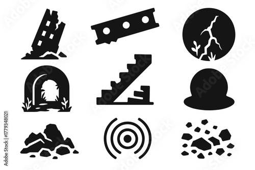 Abandoned Megastructure Icons. Solid style icons of abandoned megastructure exploration: collapsed tower glyph, rusted beam icon,