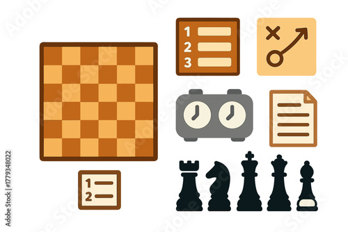 Tournament Setup Icons. Linear minimalistic tournament setup icon: chessboard, ranking display, timer, strategy diagram, notation