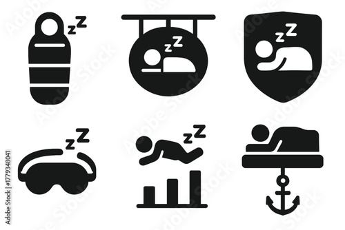 Microgravity Sleep Icons. Solid style icons of sleeping in microgravity: sleep sack glyph, ceiling pod icon, comfort badge. Eye