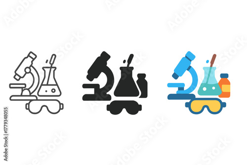Minimal Lab Icons. Linear minimalistic laboratory water icon: microscope, test flask, stirring rod, chemical reagent, lab goggles,