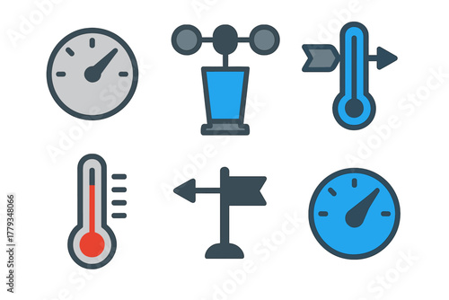 Weather Instruments Icons. Linear minimalistic weather instruments icon: barometer, anemometer, rain gauge, thermometer, wind vane