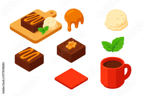 Dessert Delights Illustration. Isometric vector illustration set Ice cream and desserts – brownie platter, fudge brownie, walnut