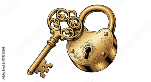 Golden padlock with ornate key, symbolizing security, access, and antique treasures