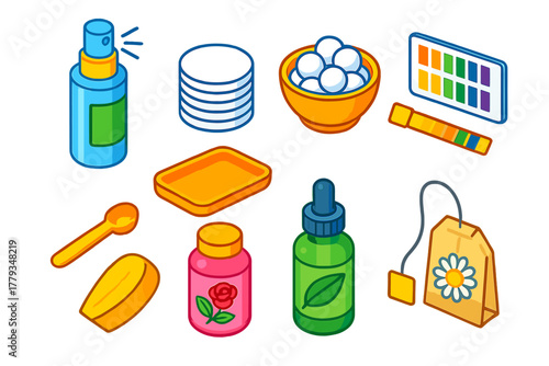 Skincare Routine Essentials. Isometric vector illustration set Skincare routine – toner spray bottle, cotton pad stack, facial